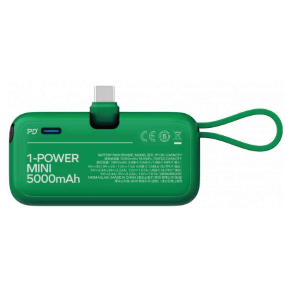 بطارية شحن متنقلة 1-Power Mini بسعة 5000 مللي أمبير مع كيبل USB-C قابل للطي مدمج من Momax | أخضر بطارية شحن متنقلة 1-Power Mini بسعة 5000 مللي أمبير مع كيبل USB-C قابل للطي مدمج من Momax | أخضر